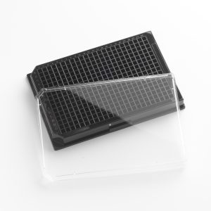 384 Well clear F bottom black microplate plate, TC Treated With Lid