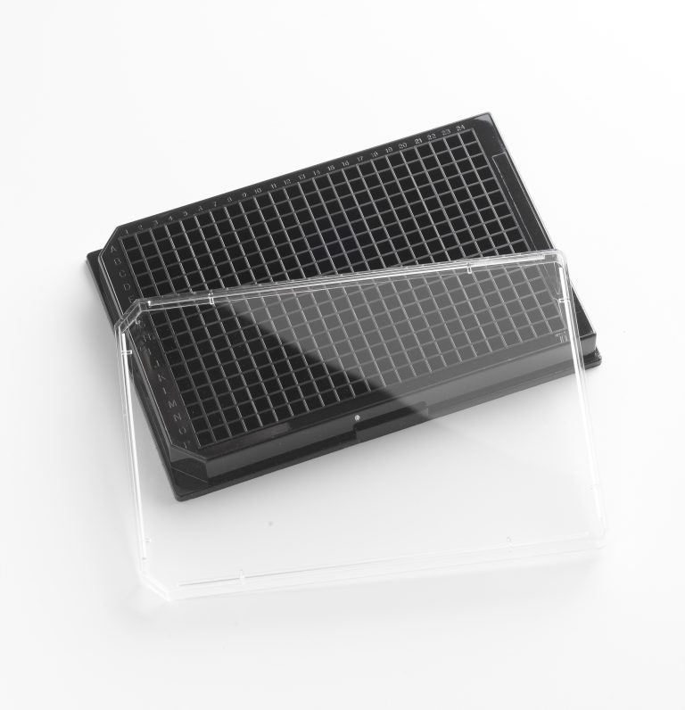 384 Well clear F bottom black microplate plate, TC Treated With Lid
